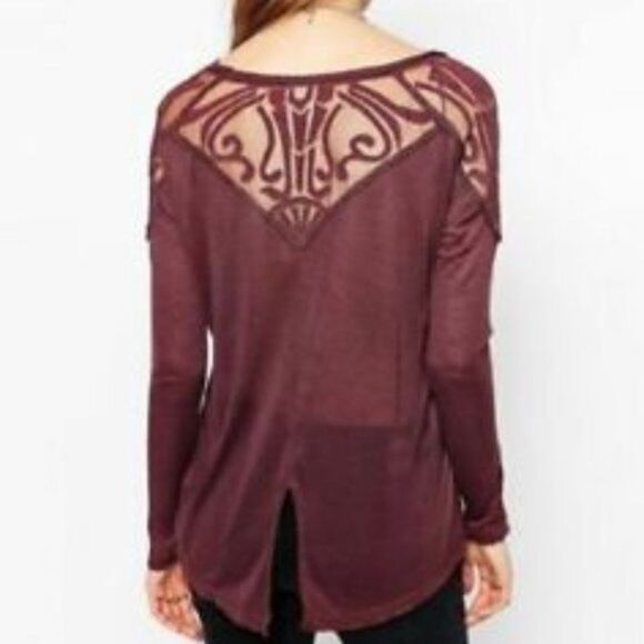 Free People Gatsby Top Embroidered Mesh Maroon Red Medium - Picture 1 of 15